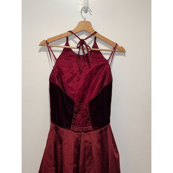 Vintage A.J. Bari Burgundy Halter Velvet Satin Back Lace-Up maxi Dress Women's S - Picture 4 of 8